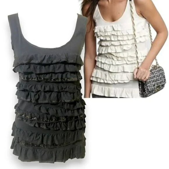 J. Crew Layering Black Tiered Ruffle Sequins Scoop Neck Tee Tank Top Blouse XS - Picture 1 of 7
